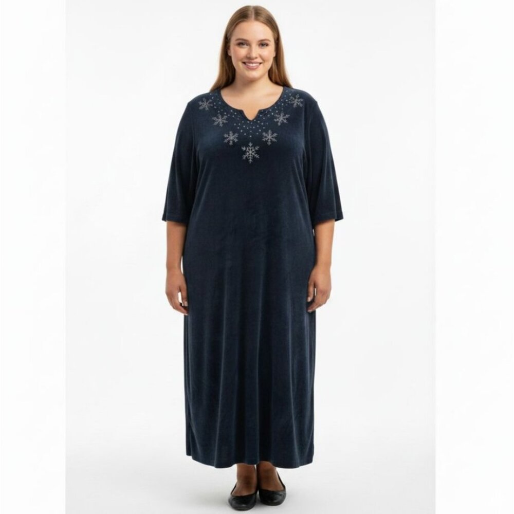 Quacker Factory Velvet Robe 1X Beaded Snowflake‎ Teal Navy Blue Pockets Modest